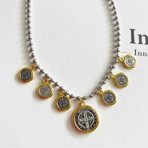 Silver and Gold coin Medallion st Benedict womens Necklace